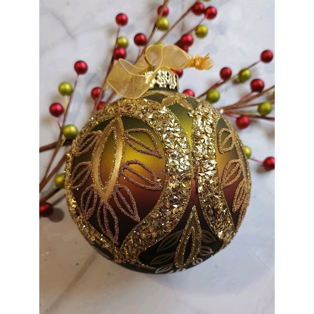 Frontgate Glass Round Christmas Ornament 5" Green & Red W/Gold Designs